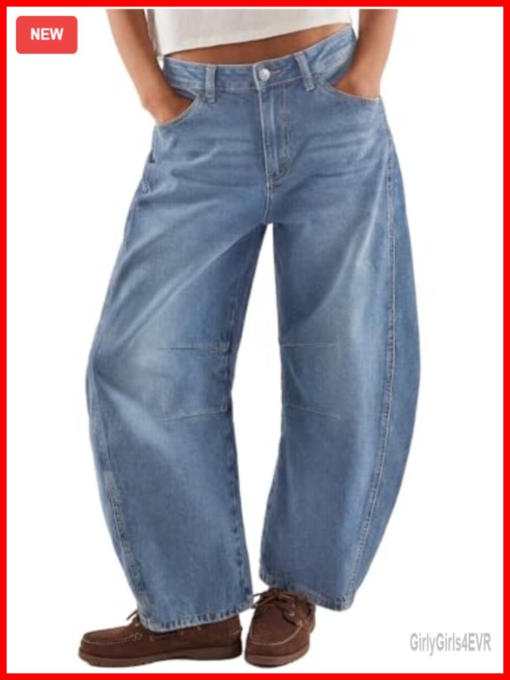 Women's Wide Leg Barrel Jeans High Rise Curved Hem Stretch Denim